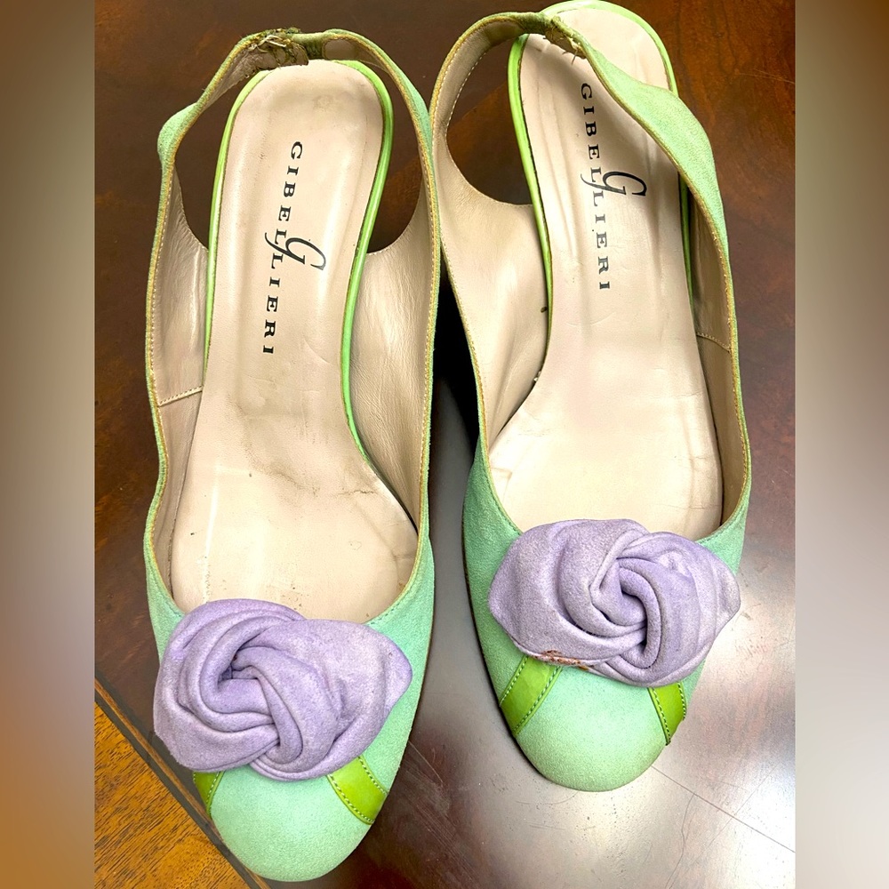 Gibellieri Made in Italy Women’s Green&Lilac Flower Suede Slingback Sandals Sz38
